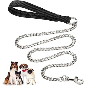 Heavy Duty Metal Dog Leash, 4 FT Chew Proof Pet Leash Chain with Soft Padded Handle for Large & Medium Size Dogs (4 FTx3 mm (0-80 lbs))