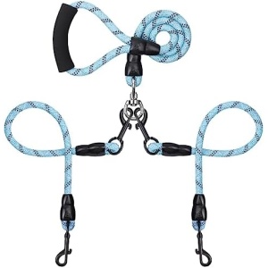 Heavy Two Way Dog Leash,2 Dog Leash Reflective Detachable 360° Swivel No Tangle,with Soft Padded Handle, for Walking and Training Two Small Medium Large Dog Walking(Blue, L/40-150 ibs)