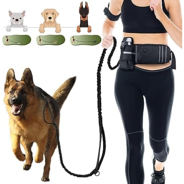 Heelay Hands Free Dog Leash for Medium and Large Dogs with Waist Belt Pouch,Dog Running Leash for Training Hiking Jogging Running Walking with Double Handle Bungee | Reflective Stitches Black