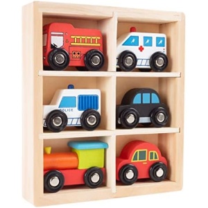 Hey! Play! Wooden Car PlaySet-6-Piece Mini Toy Vehicle Set with Cars, Police and Fire Trucks, Train-Pretend Play Fun for Preschool Boys and Girls