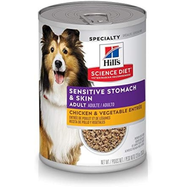 Hill's Science Diet Wet Dog Food, Adult, Sensitive Stomach & Skin, Chicken & Vegetable Entrée, 12.8 oz. Cans, 12-Pack