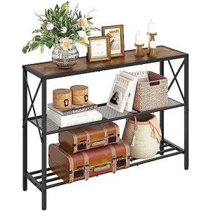 Hoctieon Industrial Console Table, 3 Tier Entryway Table, Hallway Table, Narrow Sofa Table with Shelves, Entrance Table for Entryway, Living Room, Foyer, Hallway, Office, Rustic Brown