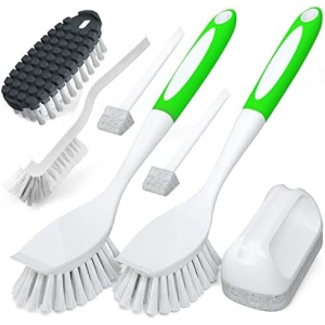 Holikme 7 Pack Kitchen Cleaning Brush Set, Dish Brush for Cleaning, Kitchen Scrub Brush&Bendable Clean Brush&Groove Gap Brush&Scouring Pad for Pot and Pan, Kitchen Sink, Green