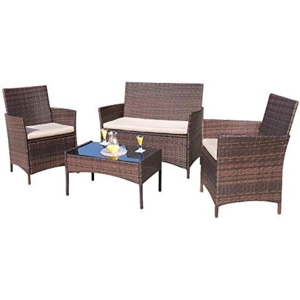 Homall Outdoor Indoor Use Backyard Porch Garden Poolside Balcony Sets Clearance Brown and Beige 4 Pieces Furniture