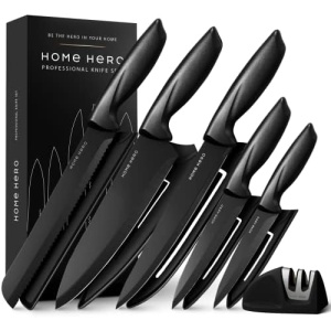 Home Hero 11-Pcs Kitchen Knife Set with Sheath and 2-Stage Knife Sharpener - Ultra-Sharp High Carbon Stainless Steel Knives Set for Kitchen with Ergonomic Handle (11 Pc Set, Black)