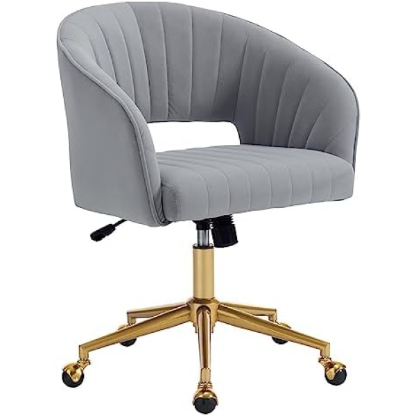 Home Office Chair Swivel Velvet Desk Chair Accent Armchair Upholstered Modern Tufted Chairs with Gold Base for Girls Women Ergonomic Study Seat Computer Task Stools for Living Room(Light Gray)