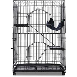 Homey PET INC Folding Wire Cat Ferret Collapsible Foldable Lockable Habitat Crate with Casters,Tray and Hammock, 36", Black