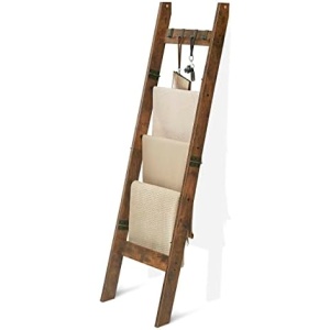 Hzuaneri Blanket Ladder - for Bedroom, Decorative Wood Quilt Rack with 4 Removable Hooks, 5-Tier Farmhouse Ladder Holder Organizer for Bathroom Living Room, Rustic Brown and Black 02101BBR