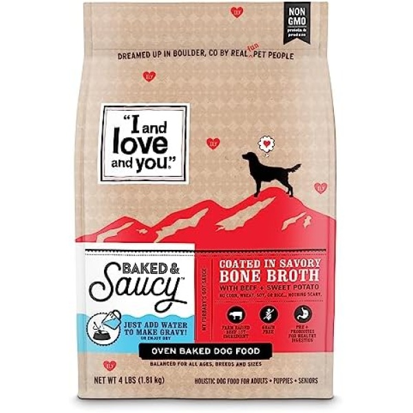 "I and love and you" Baked and Saucy Dry Dog Food with Gravy Coating, Beef and Sweet Potato Recipe, Grain Free, Coated in Bone Broth, Prebiotics and Probiotics, Real Meat, No Fillers, 4 lb Bag