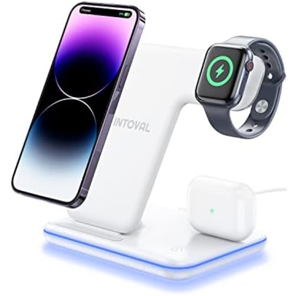 Intoval Wireless Charger, 3 in 1 Charger for iPhone/iWatch/Airpods, Qi-Certified Charging Station for iPhone 14/13/12/11/Pro/Max/XS/Max/XR/XS/X, iWatch 7/6/SE/5/4/3/2, Airpods Pro/3/2/1 (Z5,White)