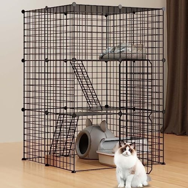 JYEARN Cat Cage Indoor Large DIY Pet Playpen Cat Enclosures Small Animal House Detachable Pet Playpen with 2 Doors 2 Tiers for 1-5 Cats with Platforms, 28L x 28W x 41H Inch