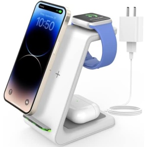 JoyGeek Wireless Charging Station, Wireless Charger Stand, 3 in 1 Charging Station for Apple iPhone 14/13/12/11/SE/X/8 Series, Apple Watch Ultra/8/SE/7/6/3, AirPods Pro 2/3/2/Pro - White