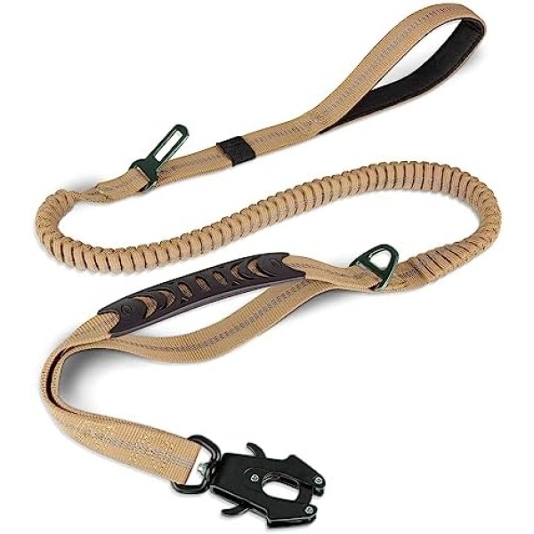 Joytale Tactical Dog Leash Heavy Duty,4-6FT Shock Absorbing Bungee Dog Leash with 2 Padded Handle,Metal Carabiner Clip,Car Seatbelt,Strong No Pull Dog Leash for Medium Large X-Large Dogs,Coyote Brown