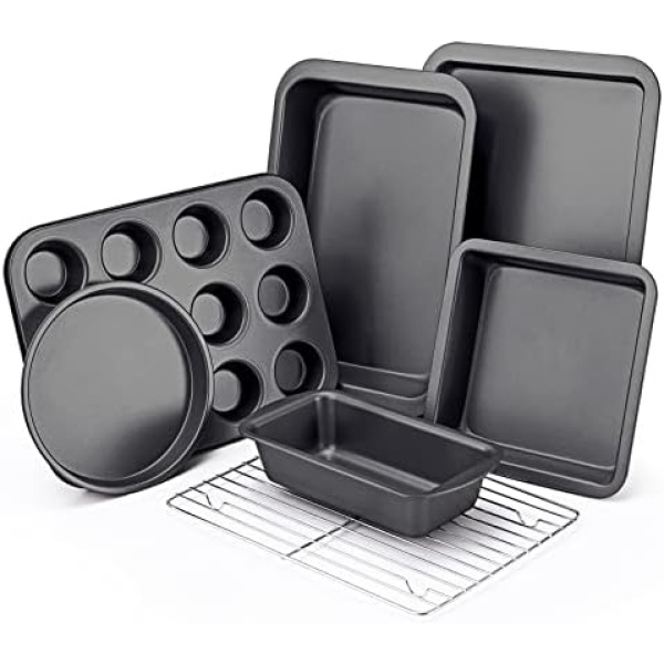 KITESSENSU Baking Pans Sets, Nonstick Bakeware Set 7-Piece with Round/Square Cake Pan, Loaf Pan, Muffin Pan, Cookie Sheet, Roast Pan, Cooling Rack, Carbon Steel Bake Set