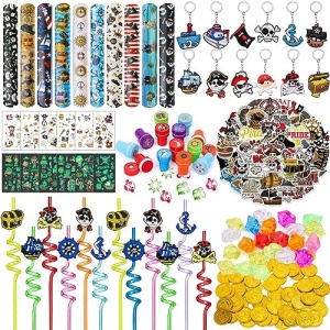 Keleno 180PCS Pirate Party Favors Birthday Supplies for Boys Girls Kids Straw Gold Coin Jewelry Treasure Tattoo Sticker Stamp Keychain Slap Bracelet Toy Goodie Bag Stuffer Carnival Prize Pinata Filler