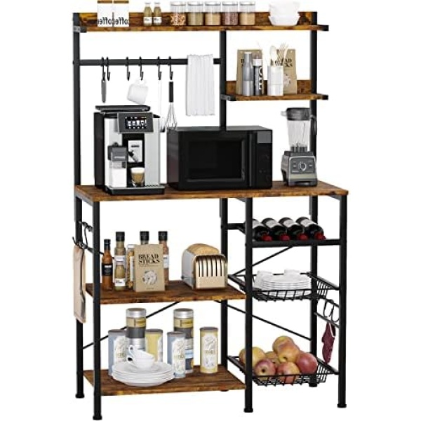 Kitchen Baker’s Rack with 2 Pull Out Wire Baskets, Microwave Stand with Storage Shelf & Wine Rack, 5-Tier Utility Coffee Bar Station with 10 Hooks for Spice Rack Organizer Workstation, Rustic Brown