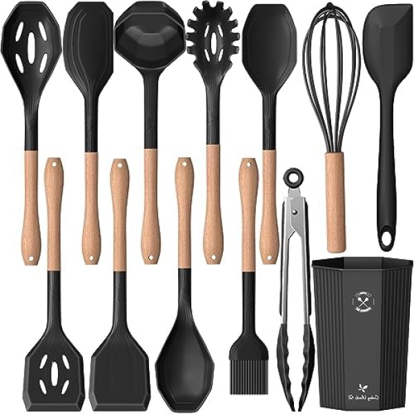 Kitchen Utensils Set- 13 Pcs Cooking Utensils with Tongs, Spoon Spatula &Turner Made of Heat Resistant Food Grade Silicone and Wooden Handles Kitchen Gadgets Tools Set for Nonstick Cookware (Black)