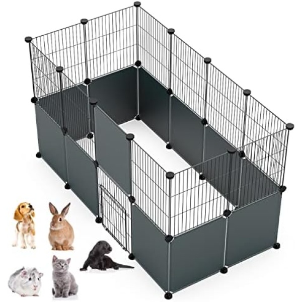 LANGXUN DIY Small Animal Playpen, Pet Playpen for Small Dogs with Door, Rabbit Cage, Guinea Pig Cages, Puppy Playpen, Kitten Playpen | Indoor Outdoor Yard Fence, 12 Metal Panels +12 Plastic Panels