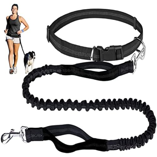 LANNEY Hands Free Dog Leash for Running Walking Training Hiking, Dual-Handle Reflective Retractable Bungee Leash Ideal for Medium to Large Dogs, Adjustable Waist Belt, Shock Absorbing, Dual Handle