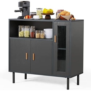 LAZZO Storage Cabinet Credenza Sideboard Buffet Cabinet with Glass Doors Free Standing Accent Cabinet Entry Cabinet Coffee Bar Cabinet for Living Room, Hallway, Kitchen and Dining Room Grey