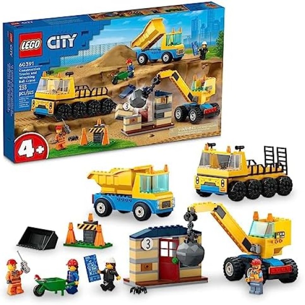 LEGO City Construction Trucks and Wrecking Ball Crane 60391 Building Toy Set for Toddler Kids Ages 4+, Includes 3 Construction Vehicles, an Abandoned House and 3 Minifigures for Pretend Play