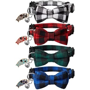 LLHK 4 Pack Small Fish Cat Collars with Bow Tie and Bell,Personalized Breakaway Kitten Collar for Girl boy Cats,Adjustable 7-12inch,Cute for Kitty Kitten Adult Cats,Pet Supplies,Stuff,Accessories