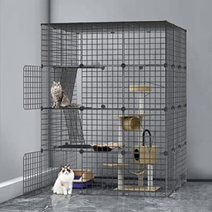 Large Cat Cages Indoor Metal Playpen Enclosure Detachable DIY Large Exercise Place Ferret Cage for 1-5 Cats with 3 Platforms Beds and 3 Ladders by Meleg Otthon(Black)
