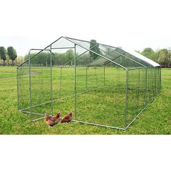 Large Metal Chicken Coop Walk-in Poultry Cage with Waterproof&Anti-UV Cover, Galvanized Steel Spire Top Coops with Door for Outdoor Backyard Farm Use 40 Chickens 19.7×9.8×6.6ft