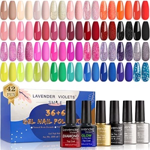 Lavender Violets 42 Pcs Gel Nail Polish Set, Gel Nail Kit with 36 Gel polish Colors Coat, 6 Bottles of Base top Coat, Glossy Matte Diamond Shine Glow in the Dark Top Coat for Nail Art C950