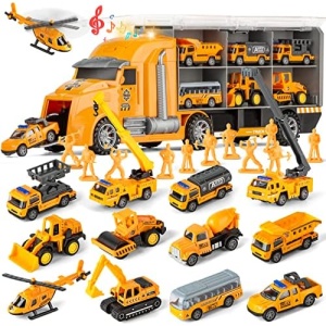 LerBao 25 in 1 Die-cast Pull Back Construction Truck Vehicle Toy Set, Play Vehicles Set with Sounds and Lights in Carrier Truck, Age3+ Kids Child Boy Toy Car Gifts