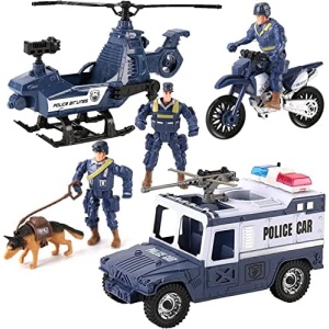 Liberty Imports 8 PCS Police Rescue Patrol Toy Vehicles and Figures Playset - Helicopter, SWAT Truck, Motorcycle, Action Figures, K-9, Weapons, and Accessories for Kids Imaginative Pretend Play