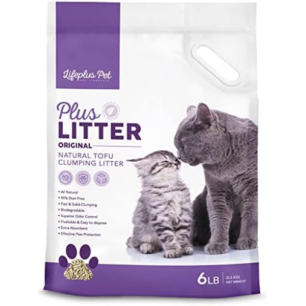 Lifeplus Pet Tofu Cat Litter Natural Ultra Odor Control Zero Tracking Flushable Clumping Dust Free Unscented Premium Quality Absorption Multiple Cats Litter 6 pounds (2.72kg) 2.0 mm Original (6 lbs)