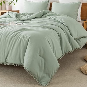 Litanika Sage Green Pom Pom Fringe Comforter Full(79x90 Inch), 3 Pieces(1 Boho Comforter and 2 Pillowcases) Aesthetic and Lightweight Microfiber Down Alternative Bedding Set