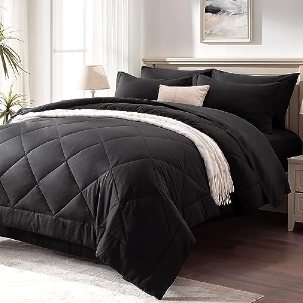 Love's cabin Full/Queen Comforter Set Black, 7 Pieces Queen Bed in a Bag, All Season Full/Queen Bedding Sets with 1 Comforter, 1 Flat Sheet, 1 Fitted Sheet, 2 Pillowcase and 2 Pillow Sham