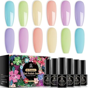 MEFA Pastel Gel Nail Polish Set 6 Colors, Summer Soft Green Light Blue Coral Peach Lilac Purple Pale Yellow Creamy Macaron Shades Popular Nail Art Design Salon Home Manicure Kit Gifts for Women Girls