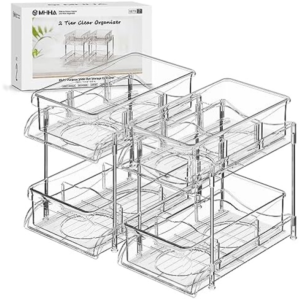 MHHA 2 Pack Bathroom Cabinet Organizer, 2 Tier Clear Under Sink Organizers and Storage Medicine Cabinet Organizer with Dividers, Pull Out Kitchen Pantry Shelf Cupboard Closet Vanity Organization Bins