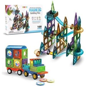 Magnetic Building Blocks for Kids 100PCS- Magnet Construction Set with Shapes, Tiles, Cars, Storage Bag- STEM Learning Toy for 3+ Boy Girl Toddlers Preschoolers