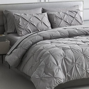Maple&Stone Queen Comforter Set 7 Pieces Pinch Pleat Bed in A Bag, Grey Pintuck with Comforter Sheets Pillowcases & Shams, Bedding Comforter Sets for Queen Size Bed 88x88 inches