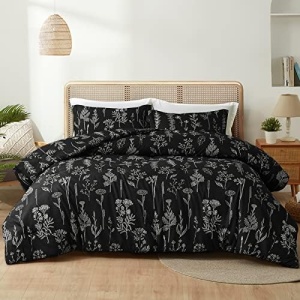 Maple&Stone Queen Floral Comforter Set, Black Bedding Set 3pcs Soft and Durable Microfiber with Elegant Plant Flowers Print Sets - Includes 2 Pillowcases Queen (90'' x 90'')