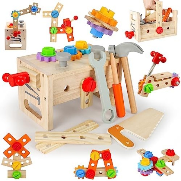 Mathea Wooden Tool Set for Toddlers, Kids Tool Set, 29PCS Toy Tools for Toddlers 1-3 with Tool Box, Educational STEM Montessori Construction Toys Gifts for Boys & Girls Ages 3+