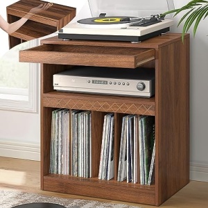 Mazefur Concealment Furniture End-Table, Mid-Century Record Player Stand Table with Vinyl Storage, Turntable Stand Holds up to 180 Albums for Living Room Bedroom, Walnut Color