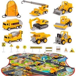 Meland Construction Toy Trucks - 8 Mini Construction Vehicles with Mat(22.7x32.7Inch) & Road Signs, Toddler Boys Toys for Kids Age 3,4,5,6 Year Old Birthday Christmas