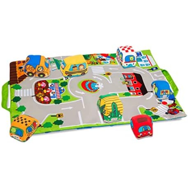 Melissa & Doug Take-Along Town Play Mat (19.25 x 14.25 inches) With 9 Soft Vehicles - With Storage Bag, Toy Vehicle Play Sets For Babies