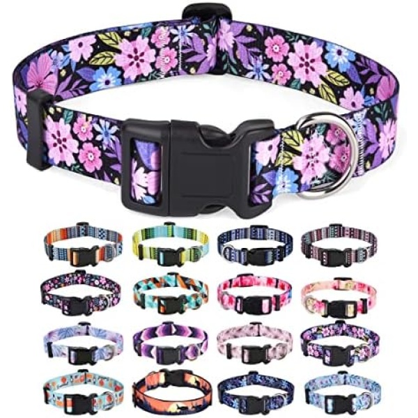 Mihqy Dog Collar with Bohemia Floral Tribal Geometric Patterns - Soft Ethnic Style Collar Adjustable for Small Medium Large Dogs(Floral Pink,M)