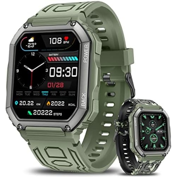 Military Smart Watch (Double Strap), 1.8'' Smart Watches for Men With Bluetooth Call (Answer/Dial Calls), Mens Tactical Smartwatch for Android iPhone, 5ATM Waterproof Watch, 107 Modes Fitness Tracker