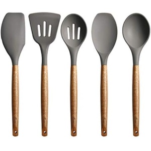 Miusco Non-Stick Silicone Kitchen Utensils Set with Natural Acacia Hard Wood Handle, 5 Pieces, Grey, BPA Free, Baking, Serving and Cooking Utensils