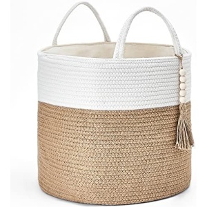 Mkono Woven Storage Basket Decorative Natural Rope Basket Wooden Bead Decoration for Blankets,Toys,Clothes,Shoes,Plant Organizer Bin with Handles Living Room Home Decor, 16"x13",White and Yellow