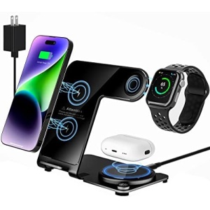 Mlfsaier 3 in 1 Charging Station Metal - Aluminum Alloy Multi Fast Wireless Charger Stand Docking for Apple Watch & Airpods iPhone 14 13 12 11 Pro X Max XS XR 8 7 Plus 6s 6 Official Nightstand Black