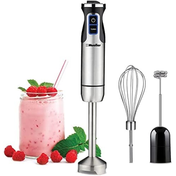 Mueller Austria Ultra-Stick 500 Watt 9-Speed Immersion Multi-Purpose Hand Blender Heavy Duty Copper Motor Brushed Stainless Steel Finish With Whisk, Milk Frother Attachments, Silver