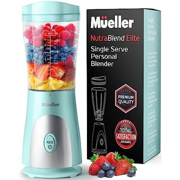 Mueller Personal Blender for Shakes and Smoothies with 15 Oz Travel Cup and Lid, Juices, Baby Food, Heavy-Duty Portable Blender & Food Processor, Turquoise